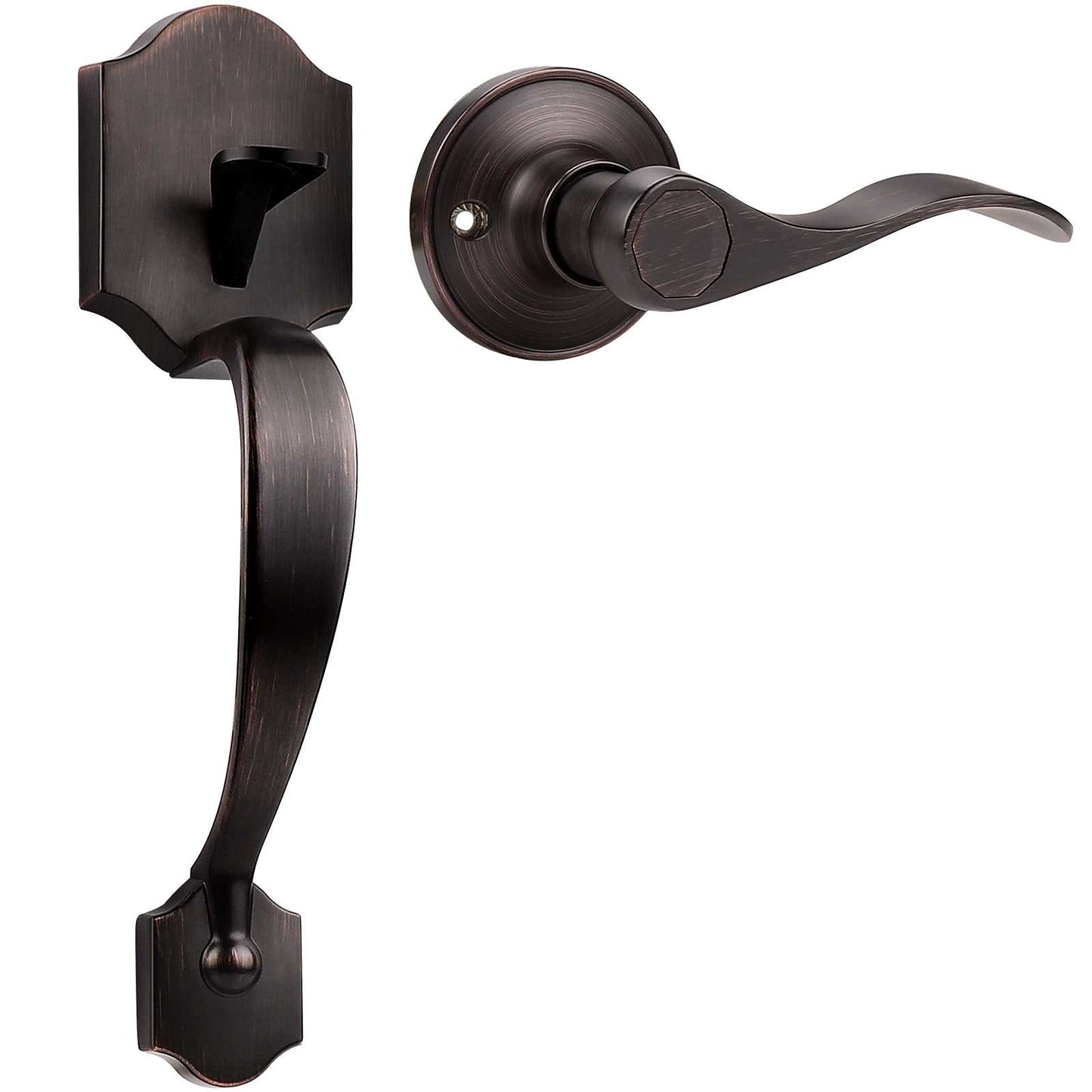 Tinewa front door handle set with single cylinder deadbolt in Oil Rubbed Bronze finish