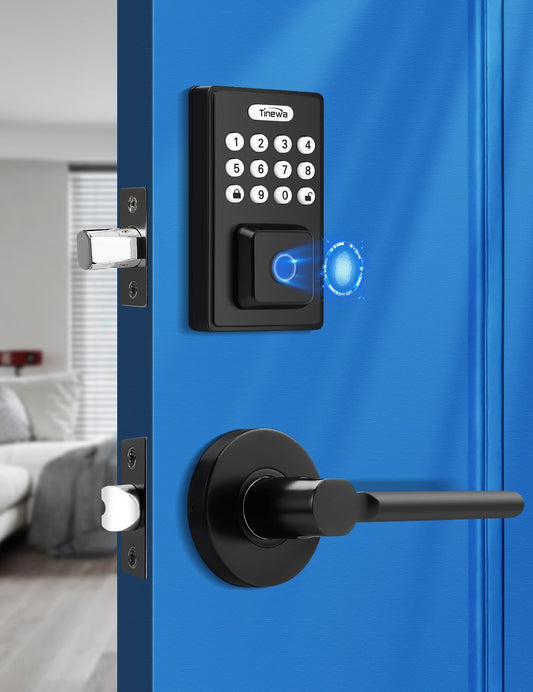 Tinewa Black Smart Door Lock for Airbnb Apartments, Fingerprint Keyless Entry Door Handleset, Electronic Digital Keypad Deadbolt with App Control, Front Door Lock with Handle,Auto Lock