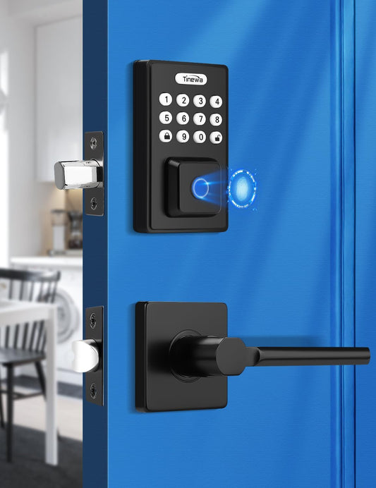 Tinewa Fingerprint Door Lock Set, Keyless Entry Door Lock, Front Door Handle Sets for Home & Apartments, Electronic Keypad Deadbolt with Lever Handle, 2 Keys, Auto Lock, Black