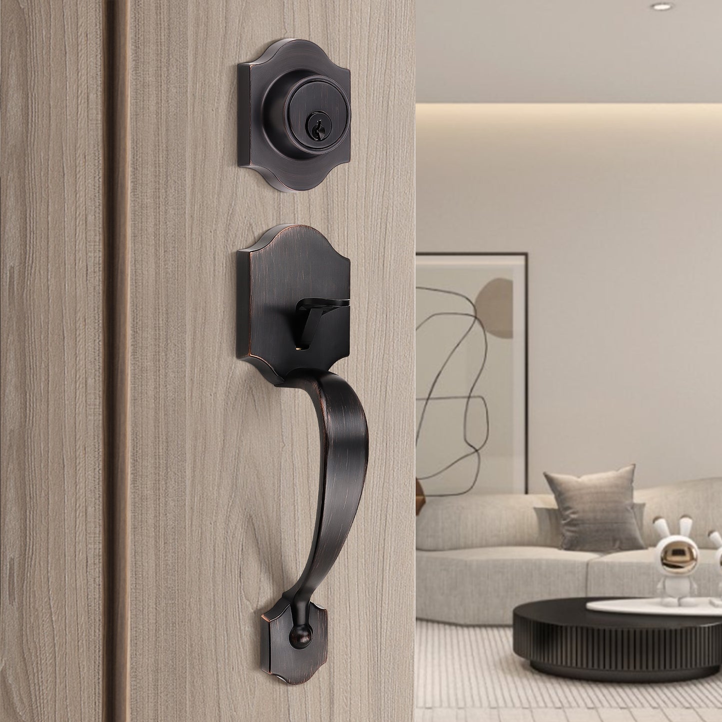 Oil-rubbed bronze handleset complementing diverse architectural styles