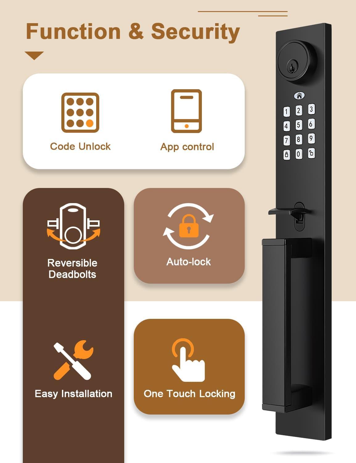Smart door lock featuring passcode, app, and key access options
