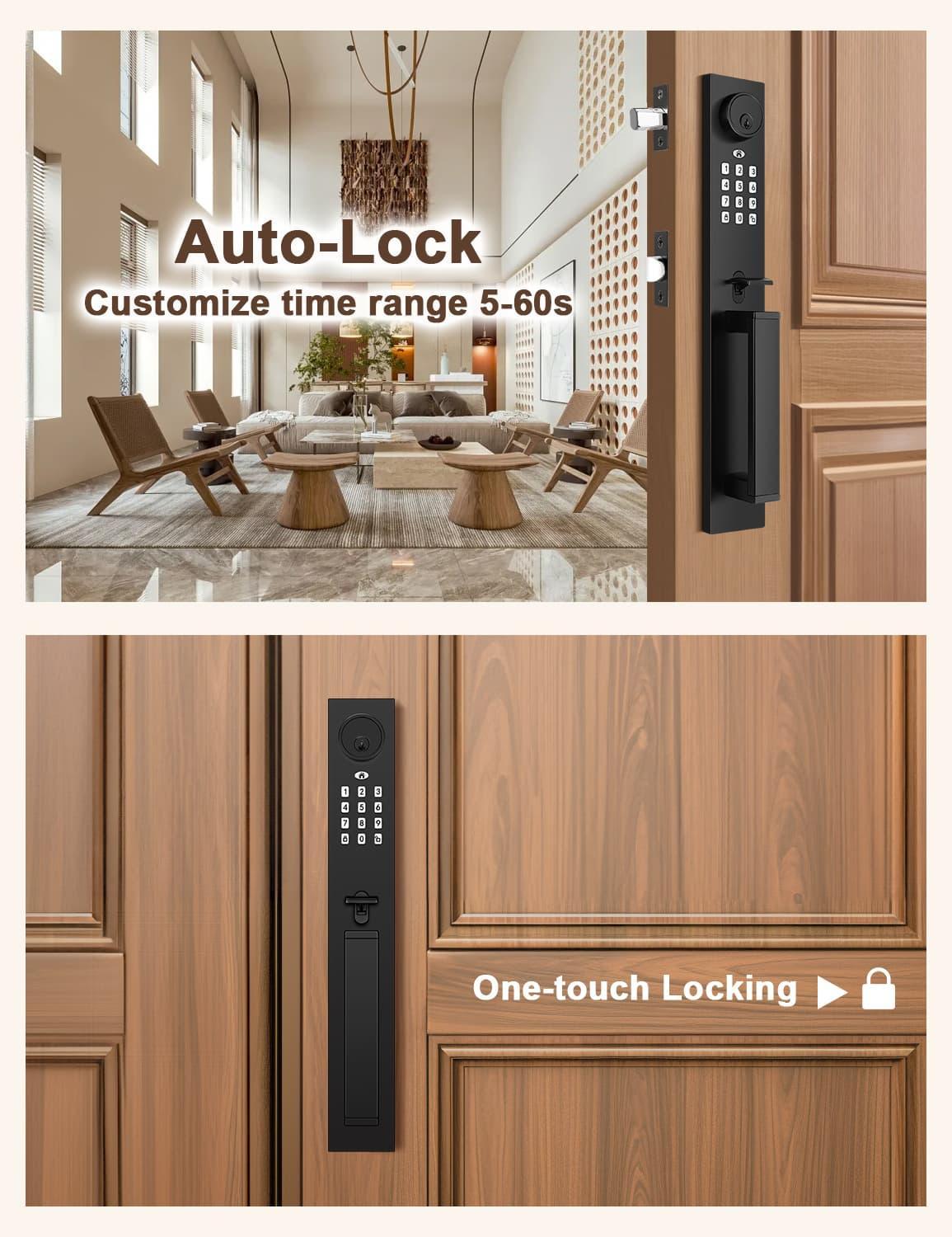 Automatic locking mechanism activates 5–60 seconds after door closure