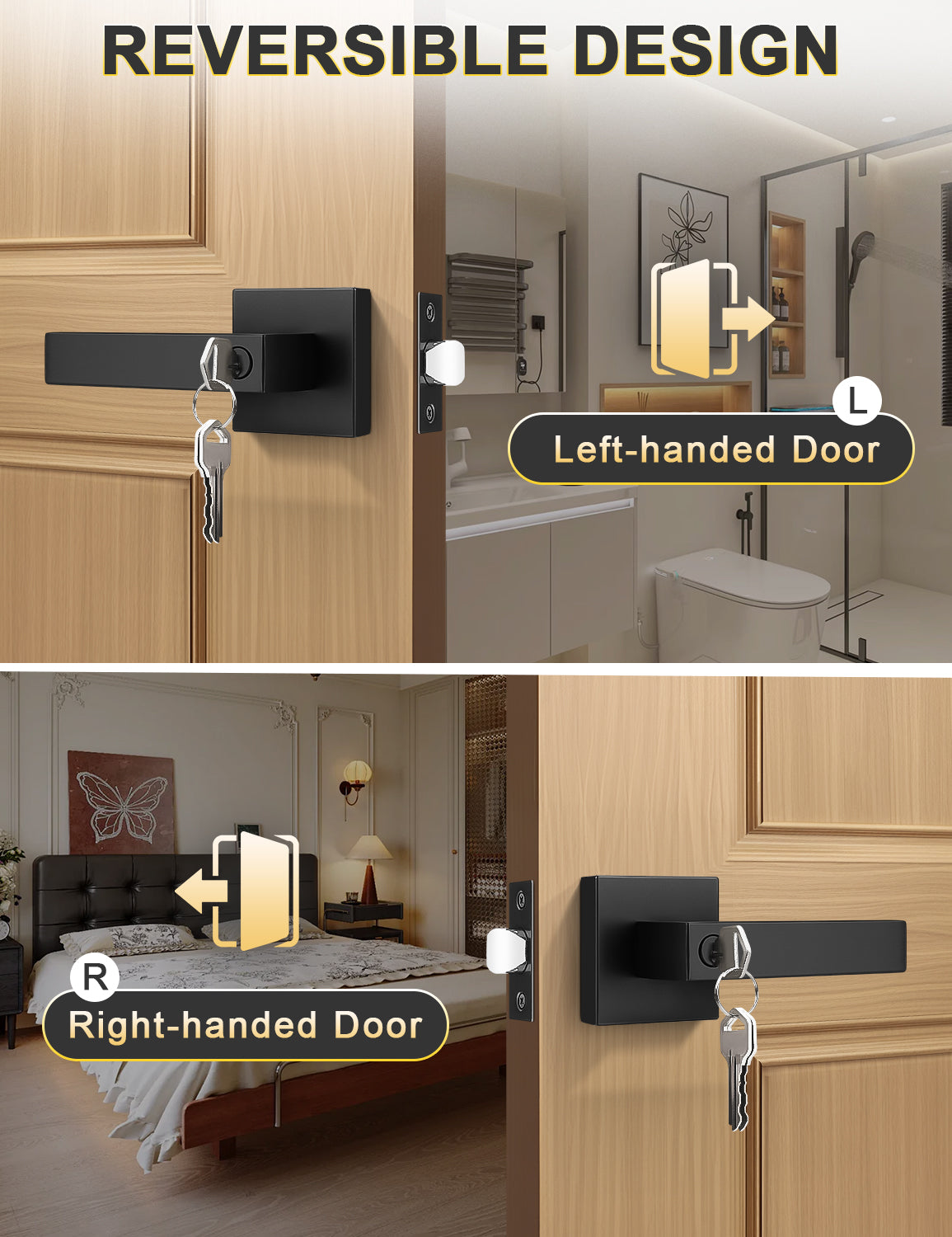 Reversible matte black door handle for left or right-handed doors