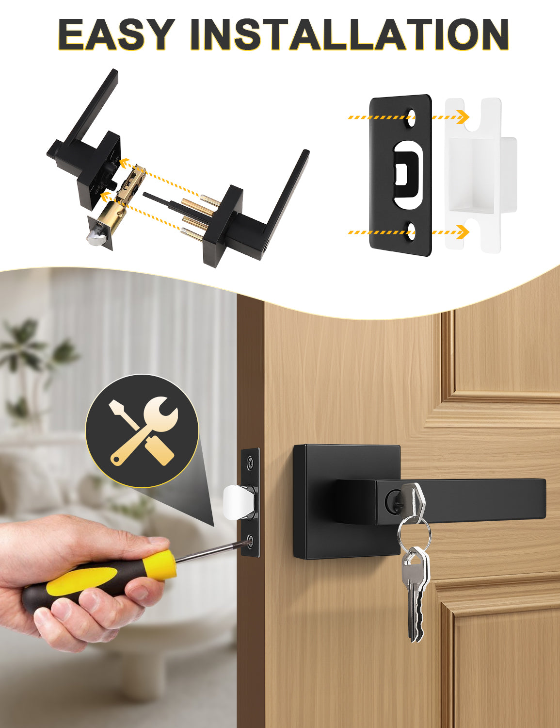 Easy-to-install matte black square entrance door handle with lock