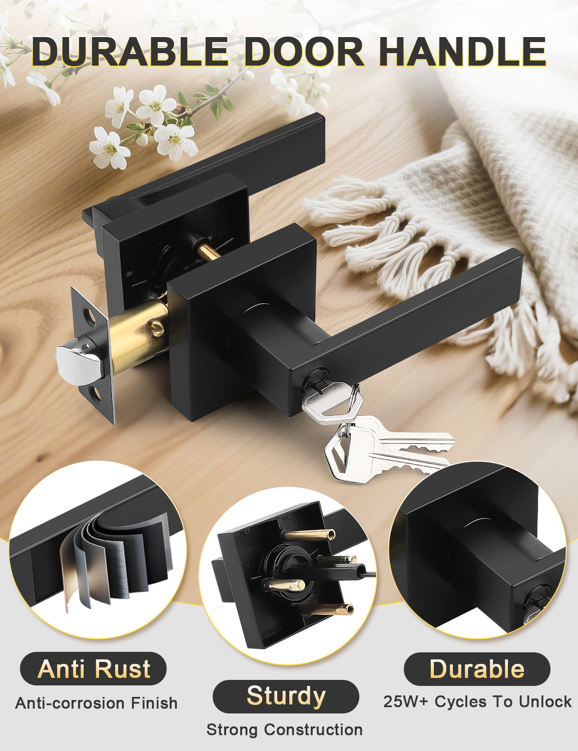 Heavy-duty matte black square entrance door handle for long-lasting use