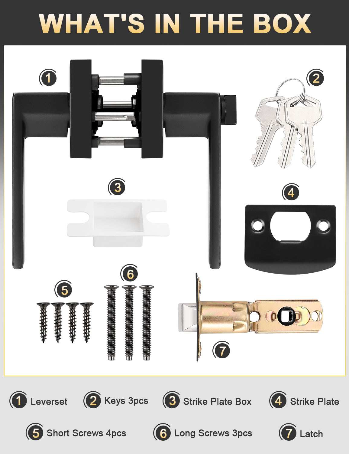 Matte black square door handle set with lock, keys, and installation hardware