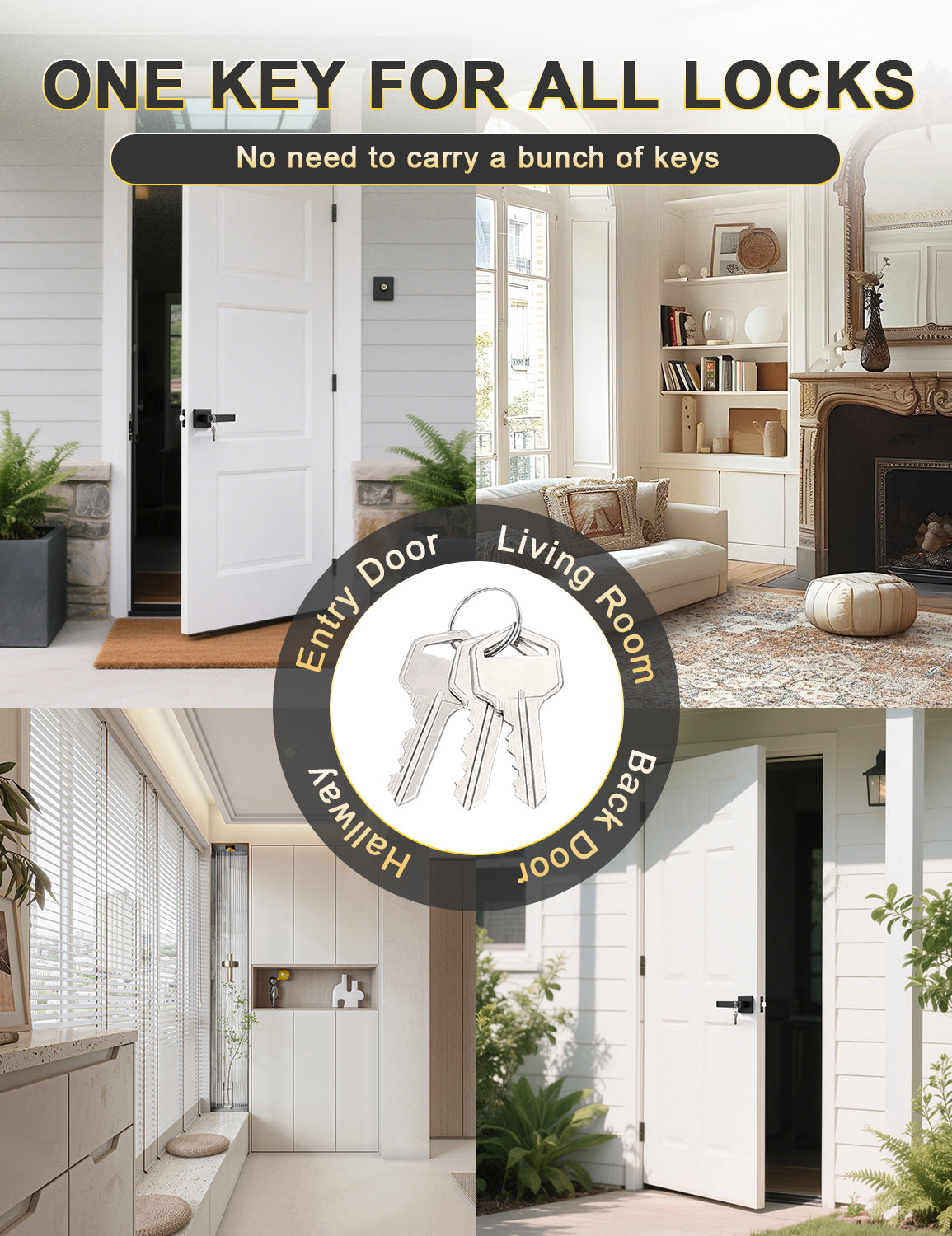 Tinewa Keyed Alike Entry Door Levers with Lock, Matte Black Door Lockset, Entrance Door Handles for Bedroom, Bathroom and Front Door (Each with 3 Keys)