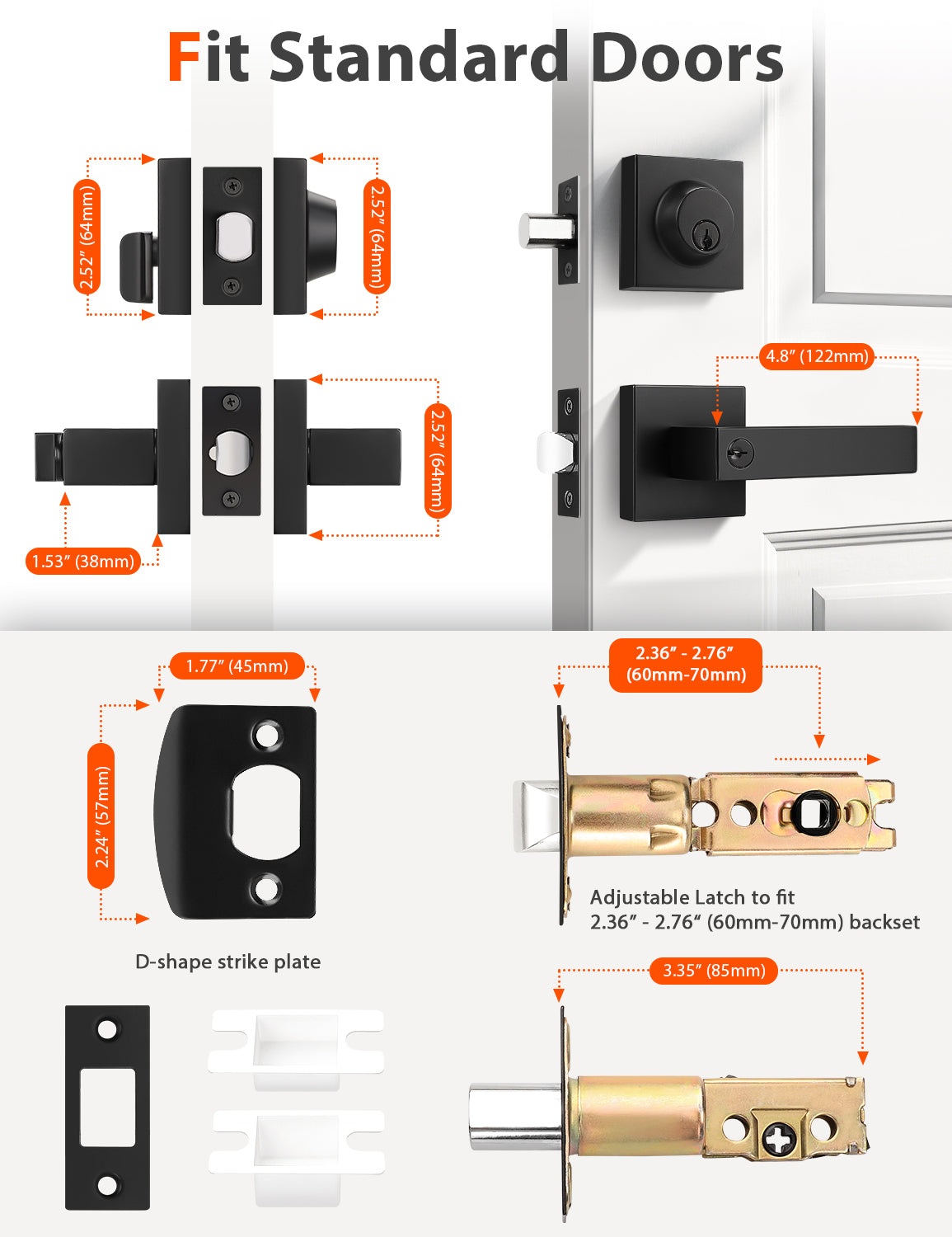Tinewa Entry Door Lever with Single Cylinder Deadbolt, Black Keyed Alike Front Door Lock Set ,Privacy Handles Locksets for Entrance/Front and Office Doors