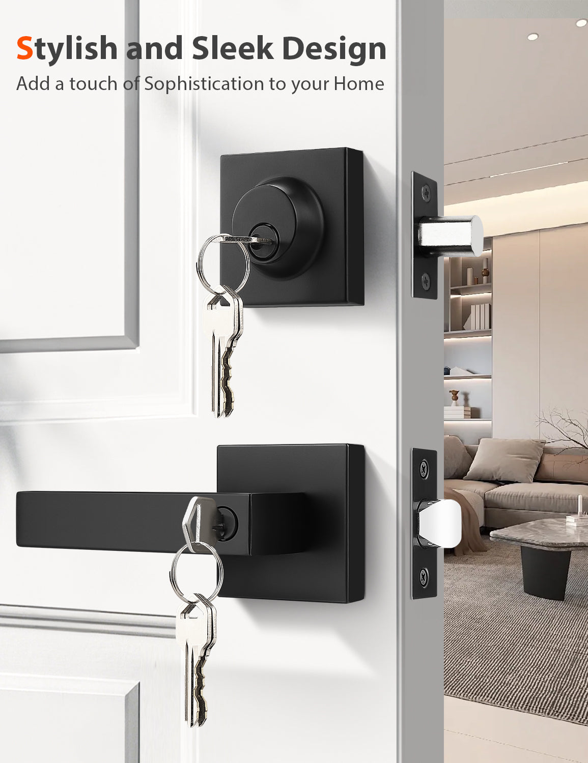 Tinewa Entry Door Lever with Single Cylinder Deadbolt, Black Keyed Alike Front Door Lock Set ,Privacy Handles Locksets for Entrance/Front and Office Doors
