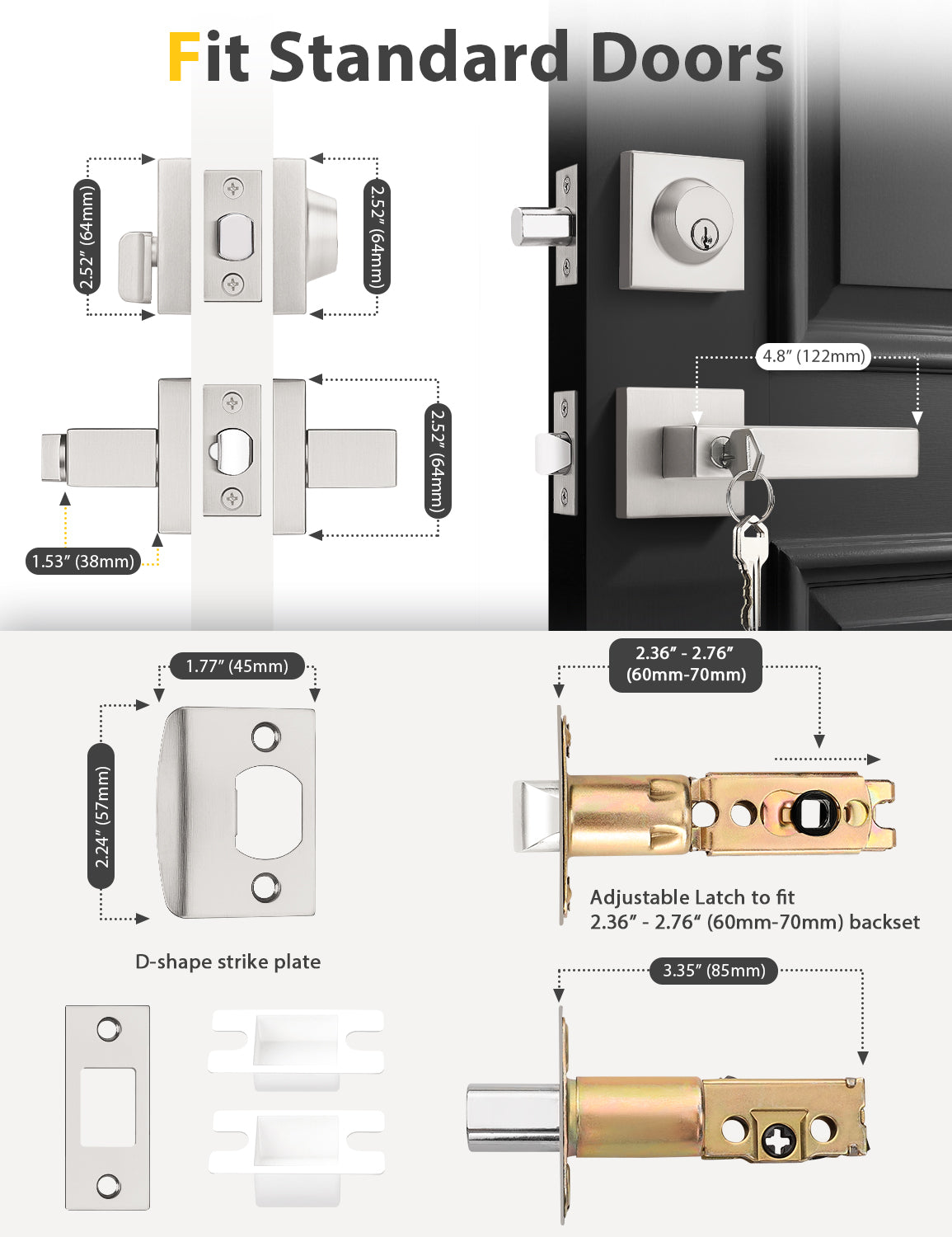 Tinewa Entry Door Lever with Single Cylinder Deadbolt, Brushed Nickel Keyed Alike Front Door Lock Set ,Privacy Handles Locksets for Entrance/Front and Office Doors