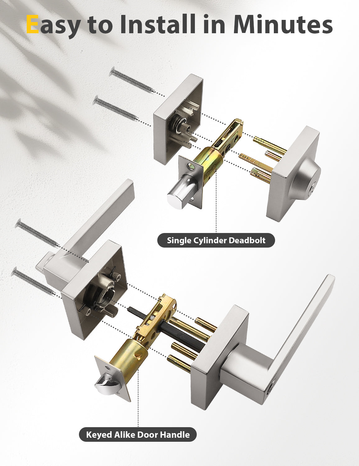 Tinewa Entry Door Lever with Single Cylinder Deadbolt, Brushed Nickel Keyed Alike Front Door Lock Set ,Privacy Handles Locksets for Entrance/Front and Office Doors