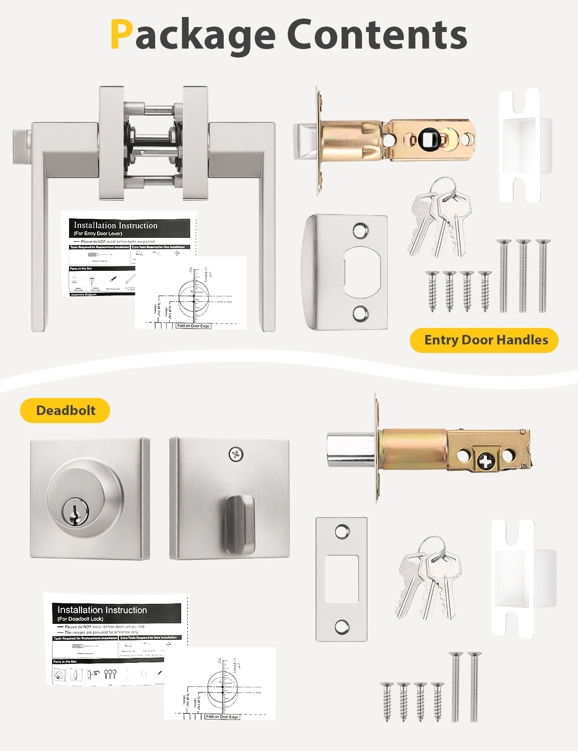 Tinewa Entry Door Lever with Single Cylinder Deadbolt, Brushed Nickel Keyed Alike Front Door Lock Set ,Privacy Handles Locksets for Entrance/Front and Office Doors