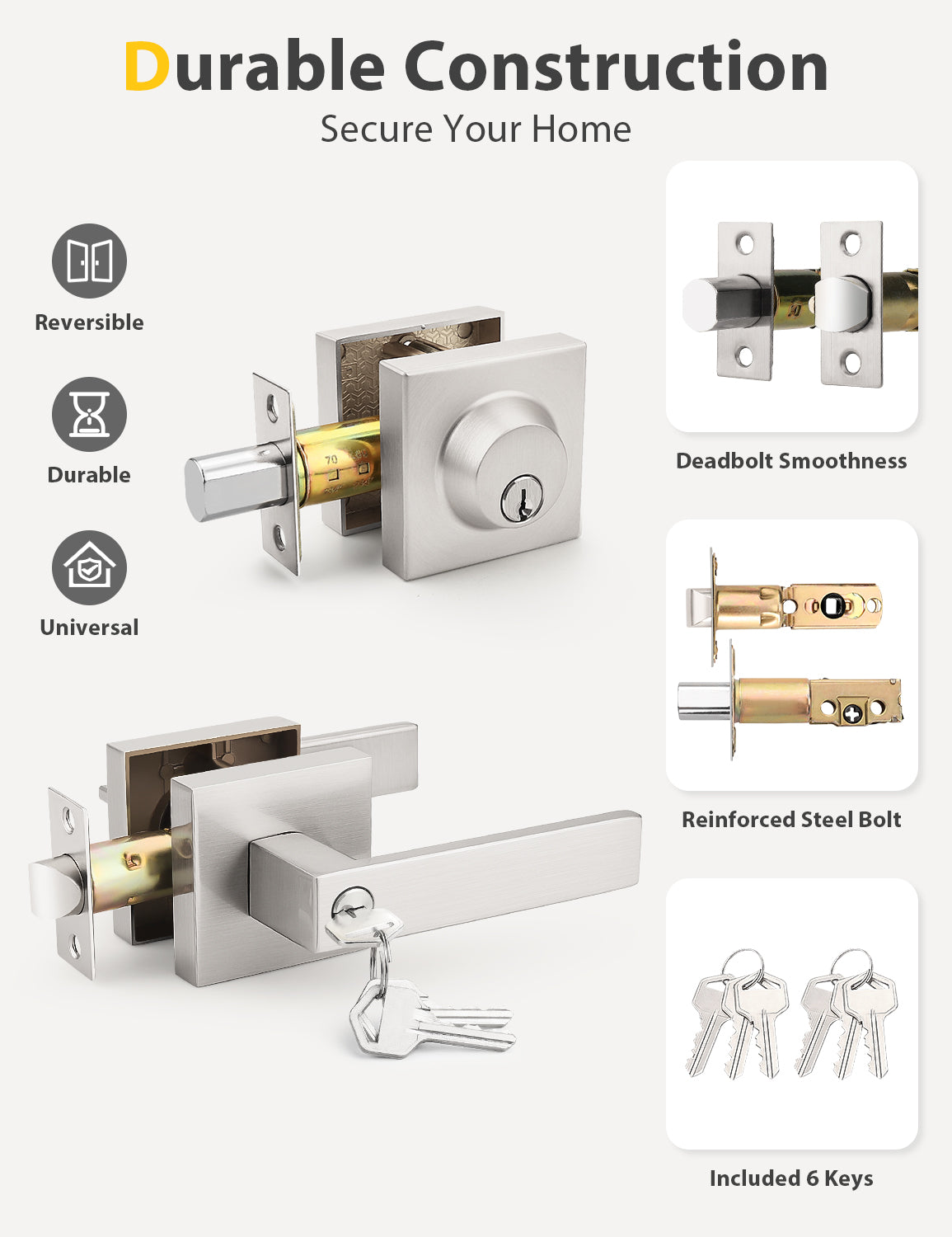 Tinewa Entry Door Lever with Single Cylinder Deadbolt, Brushed Nickel Keyed Alike Front Door Lock Set ,Privacy Handles Locksets for Entrance/Front and Office Doors