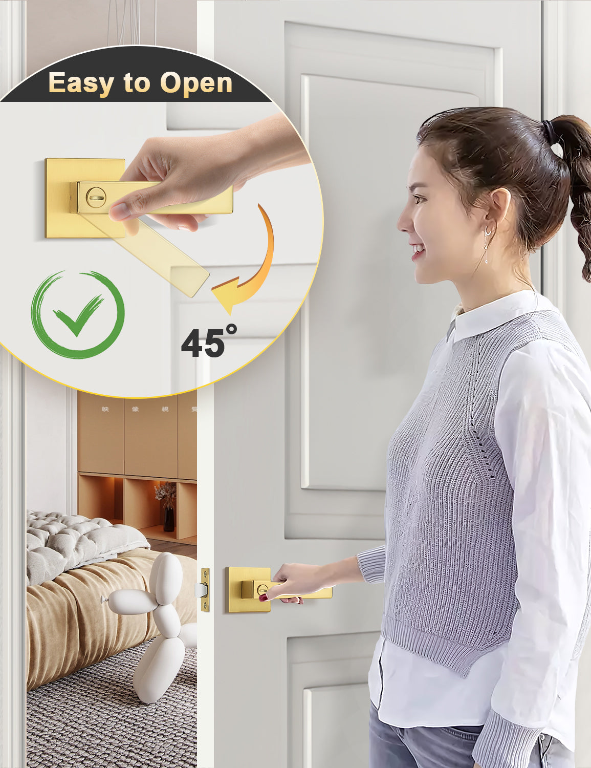 Elegant gold door handle with keyless lockset for bed and bath doors