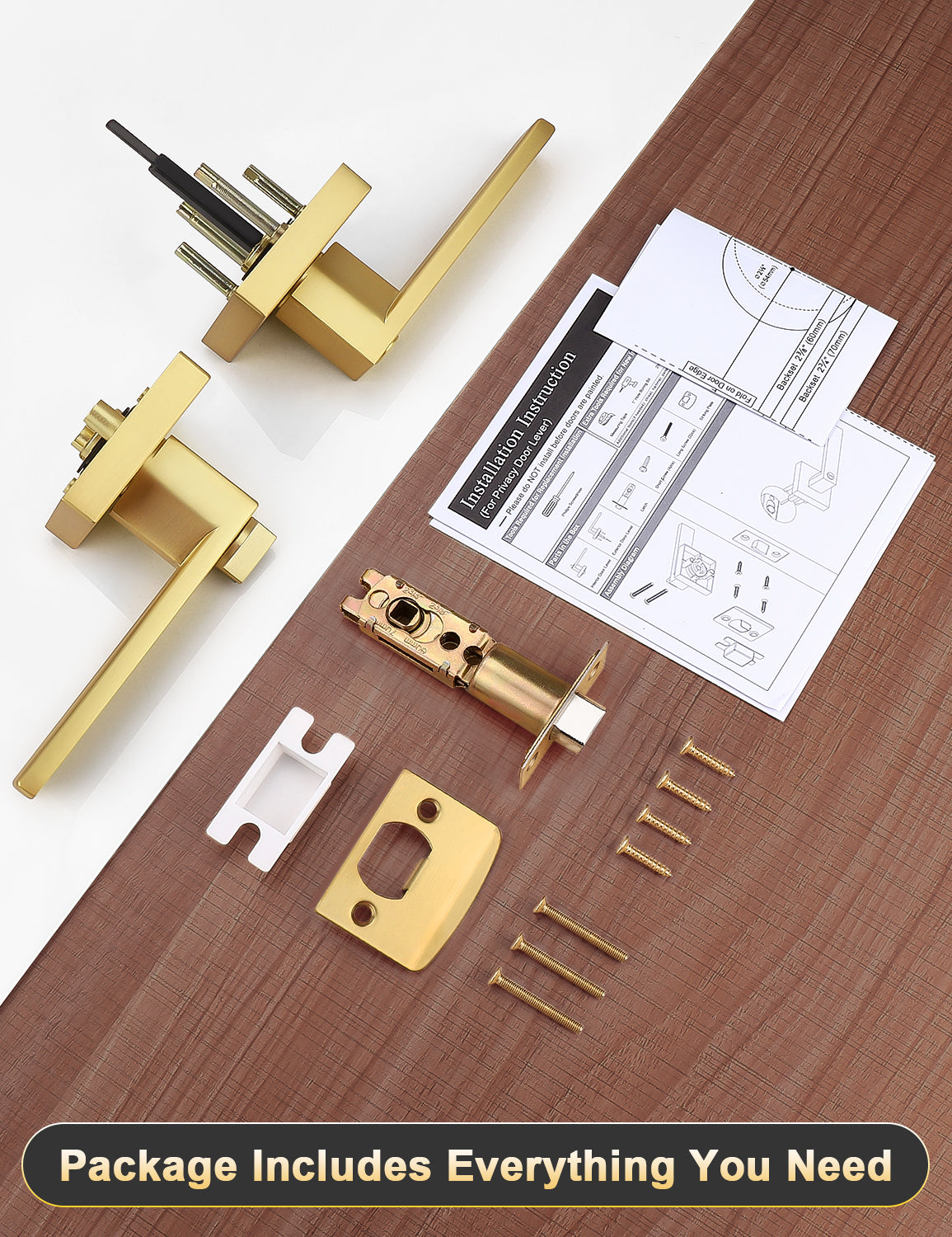 Modern square-shaped gold door handle with built-in locking function