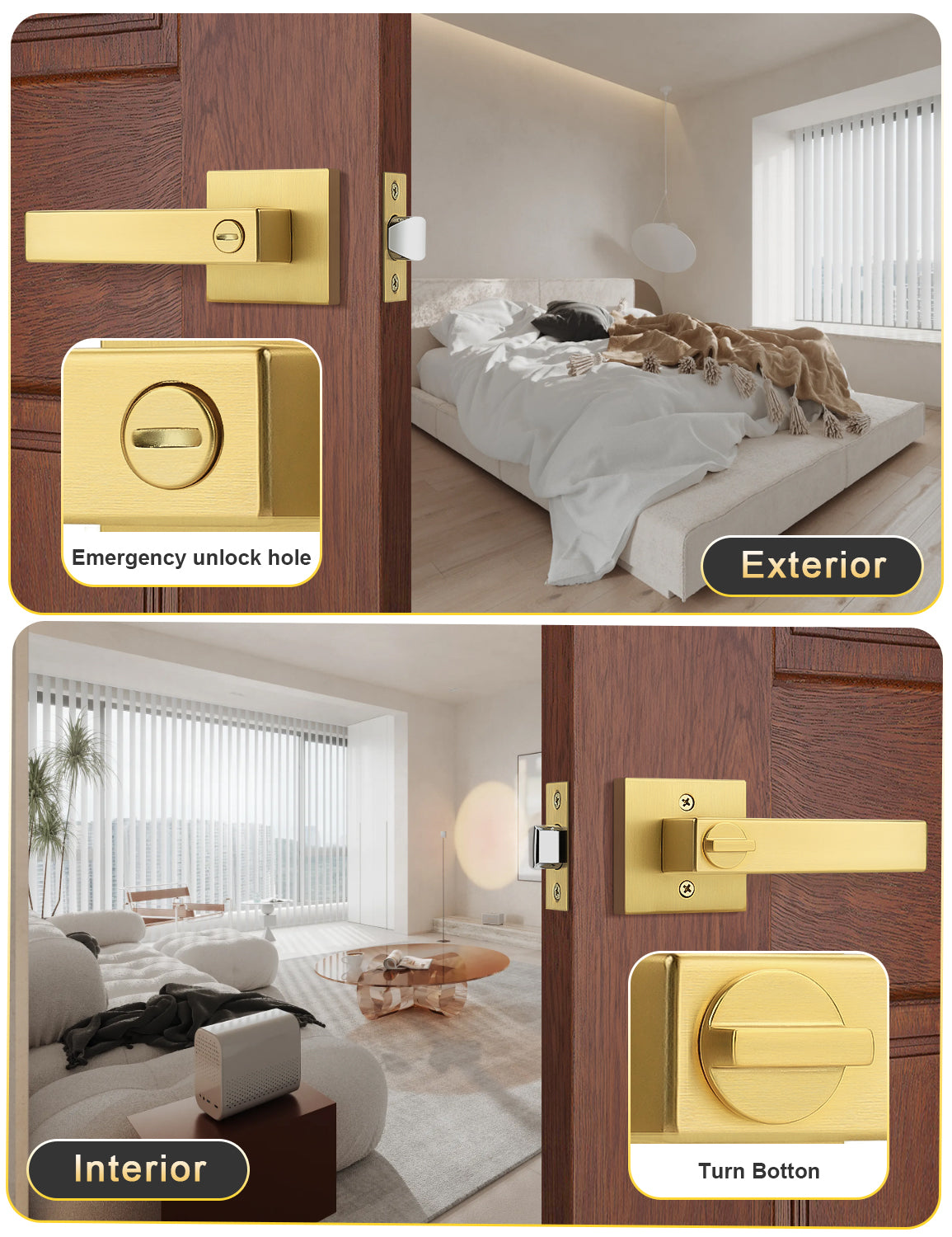 Heavy duty interior door handle in gold finish, ideal for privacy use