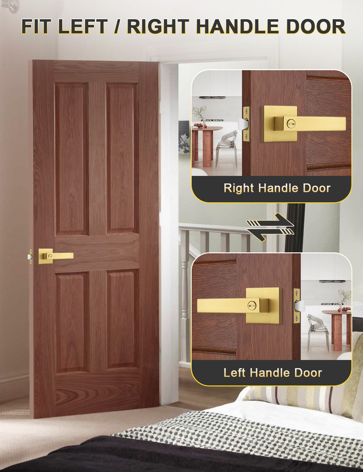 Tinewa gold privacy door lever with square design, reversible for left and right doors