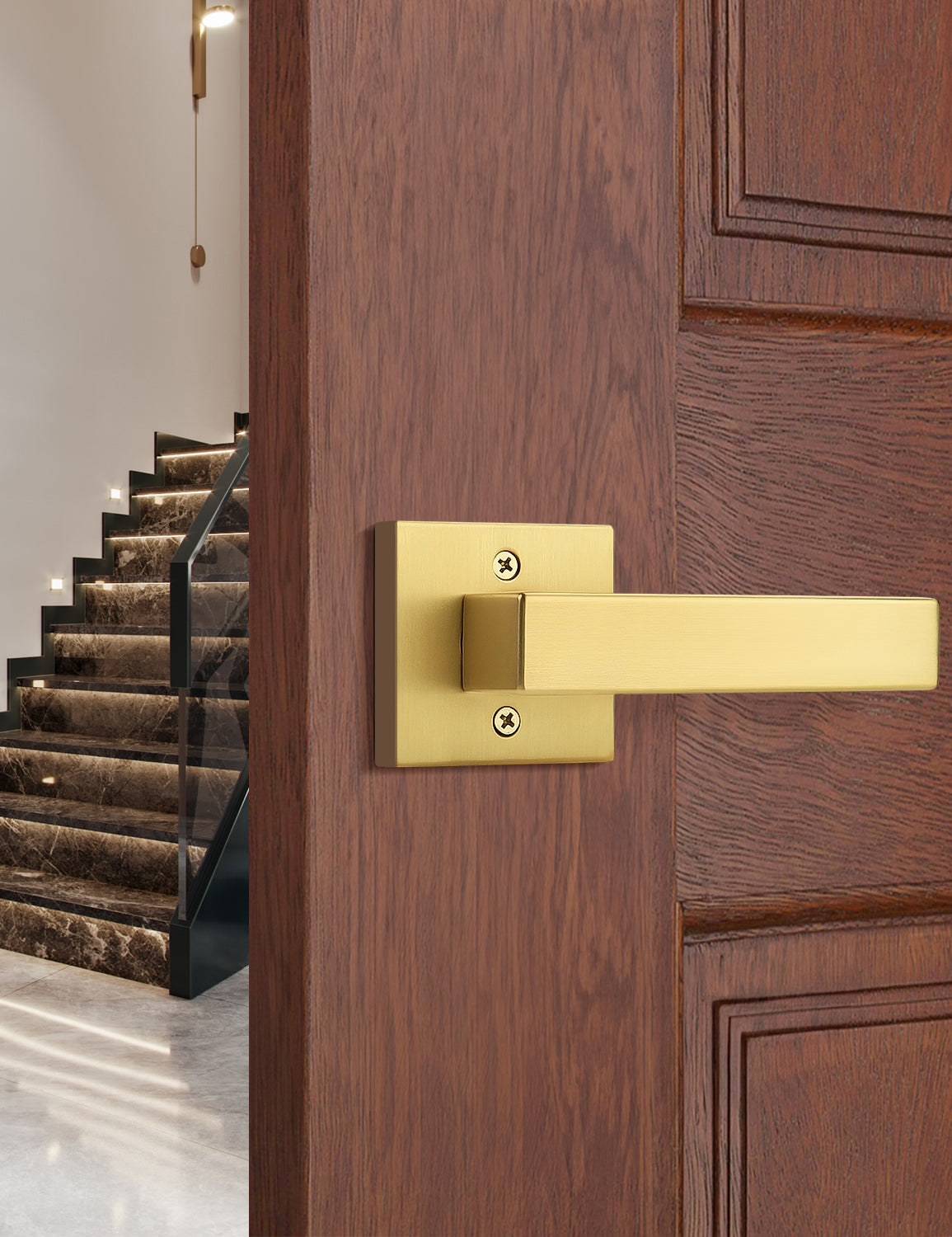 Tinewa gold dummy door handle with modern square lever design in brushed finish