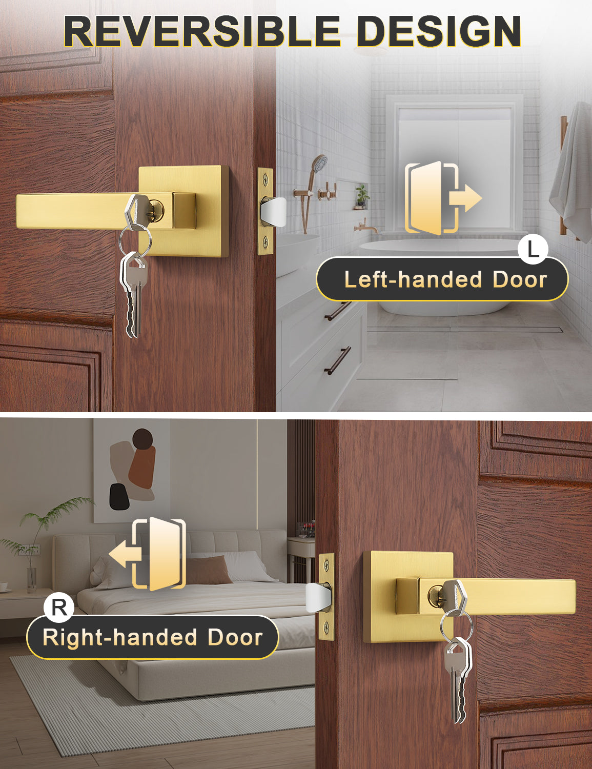 Reversible brushed gold door handle for left or right-handed doors