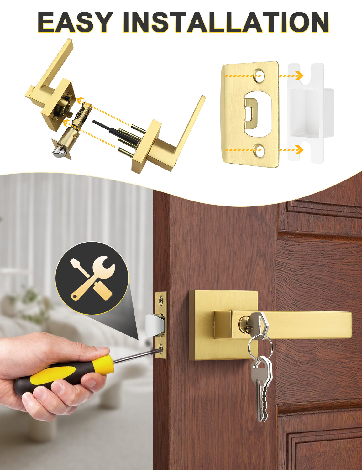 Easy-to-install brushed gold square entrance door handle with lock