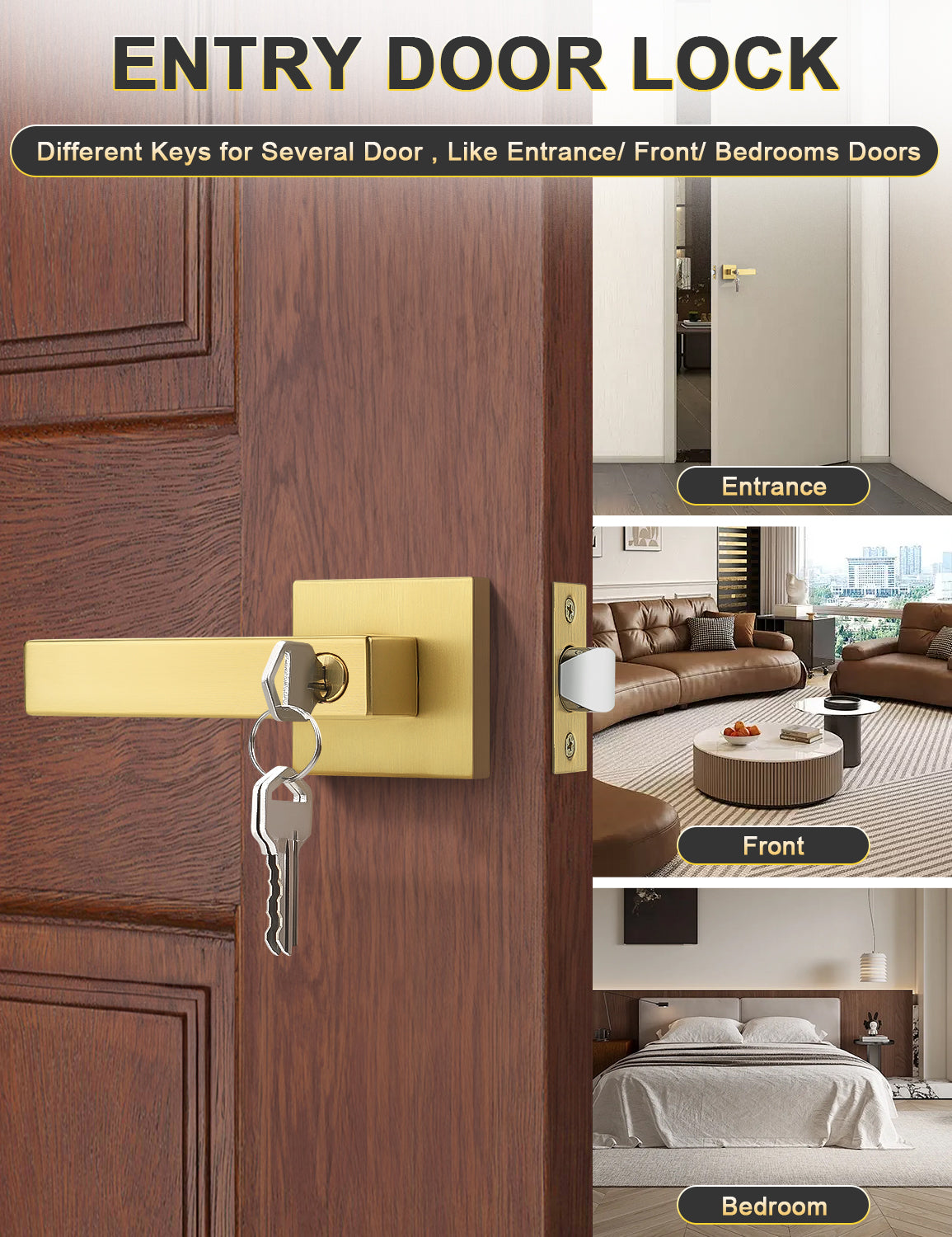 Tinewa brushed gold square entrance door handle with lock and key