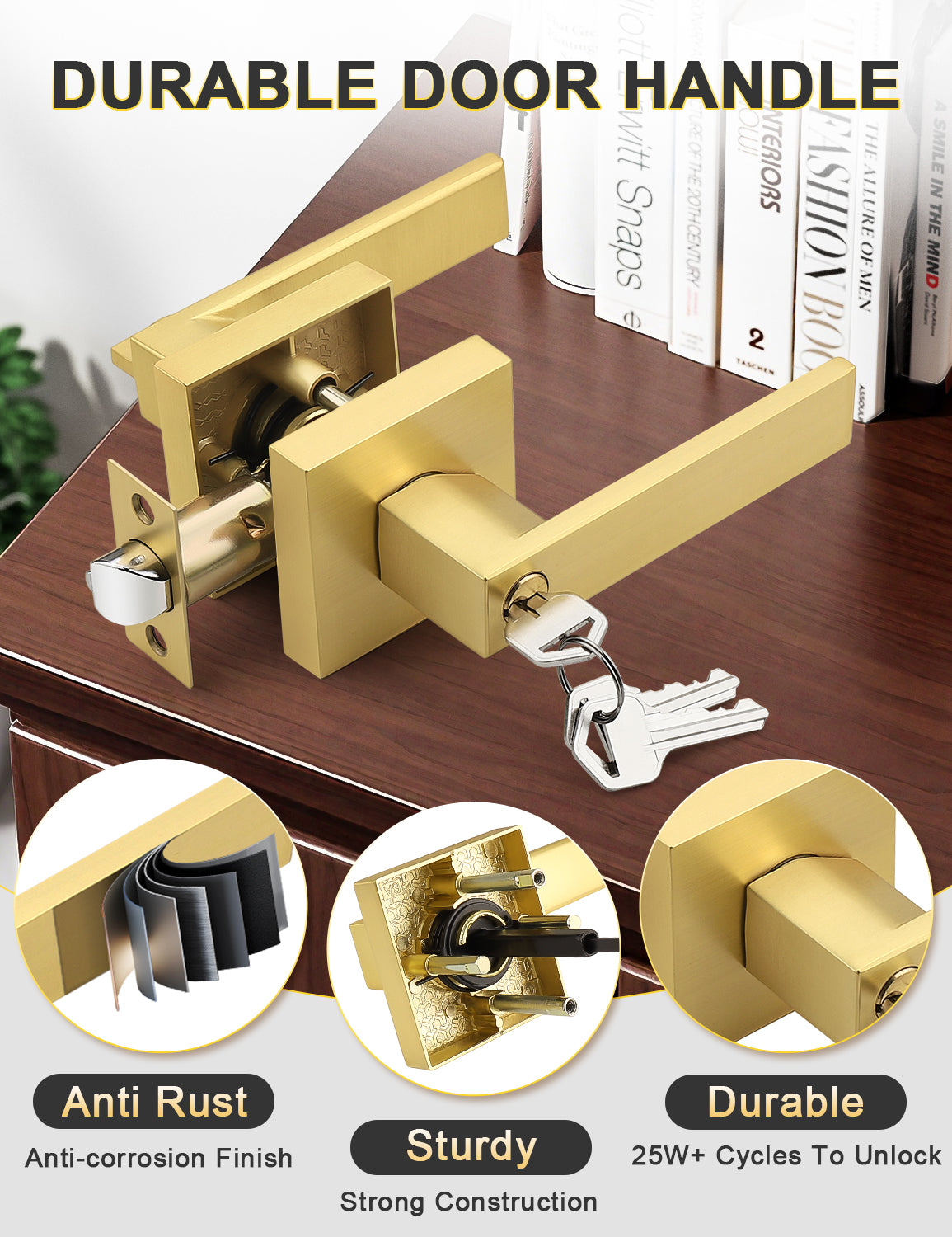 Heavy-duty brushed gold square entrance door handle for long-lasting use