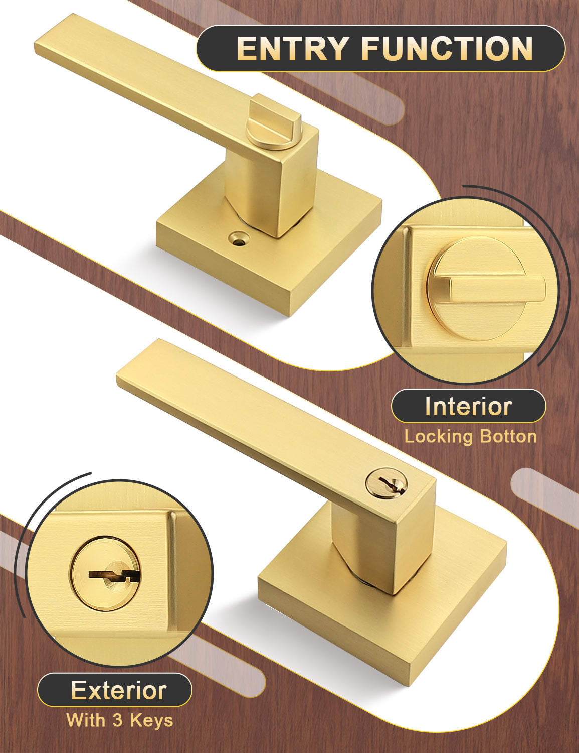Brushed gold entry door handle with keyed lock for front or exterior doors