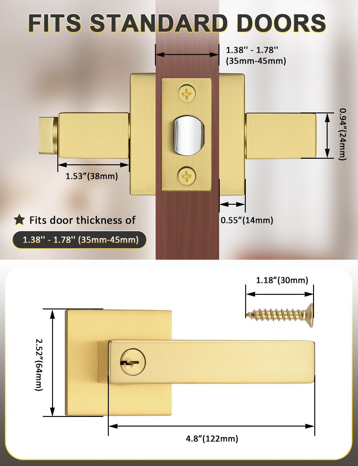 Brushed gold square door handle set compatible with most standard doors