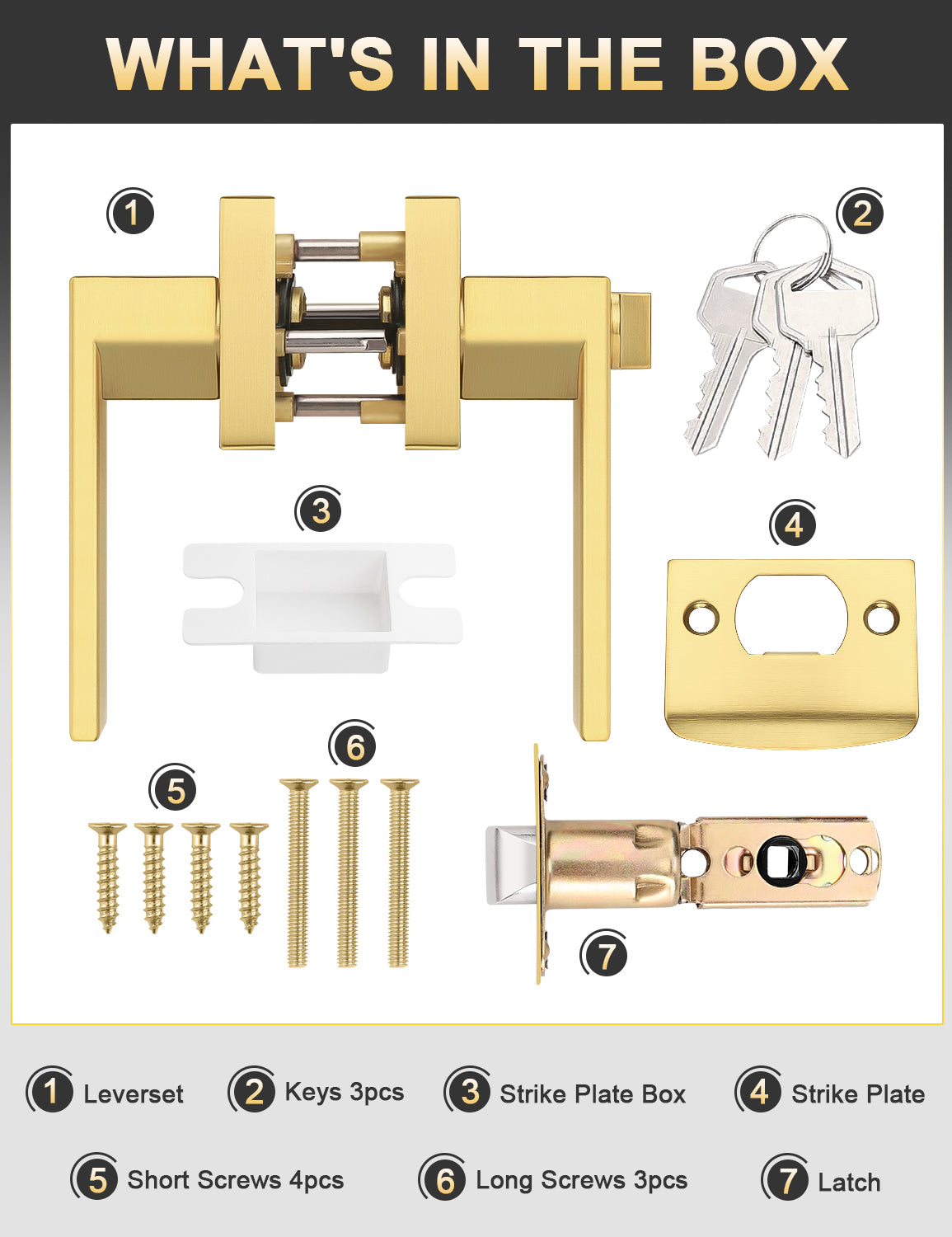 Brushed gold square door handle set with lock, keys, and installation hardware