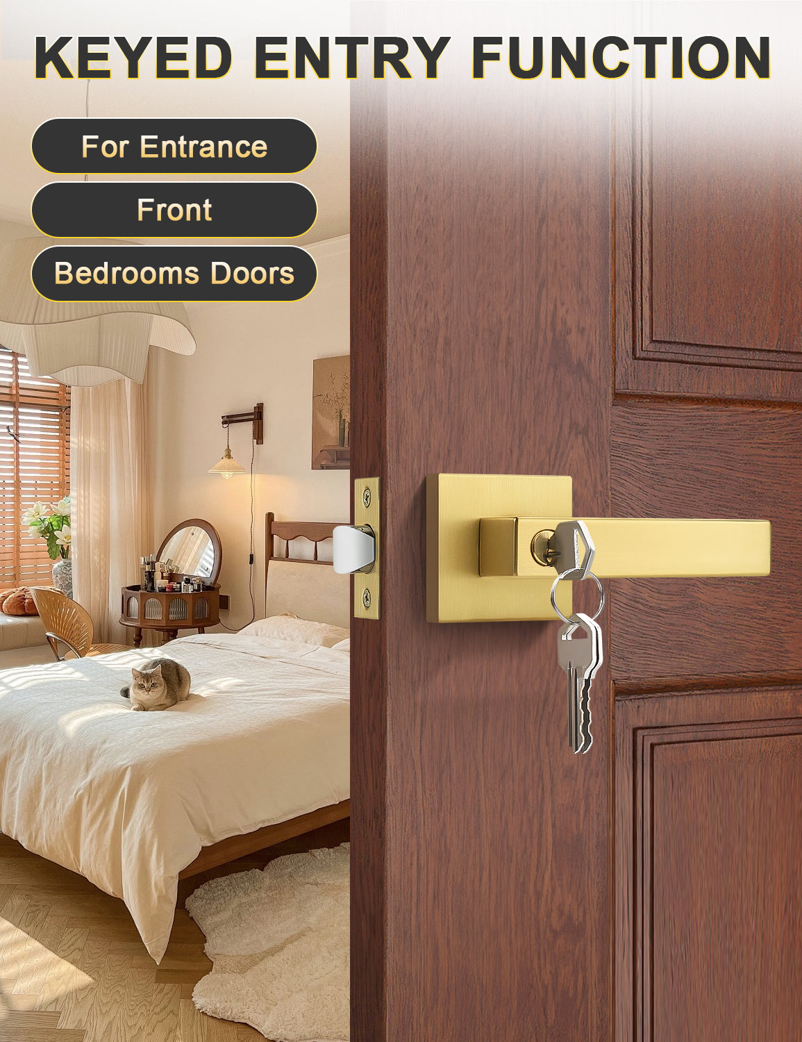 Tinewa Keyed Alike Entry Door Levers with Lock, Brushed Gold Door Lockset, Entrance Door Handles for Bedroom, Bathroom and Front Door (Each with 3 Keys)