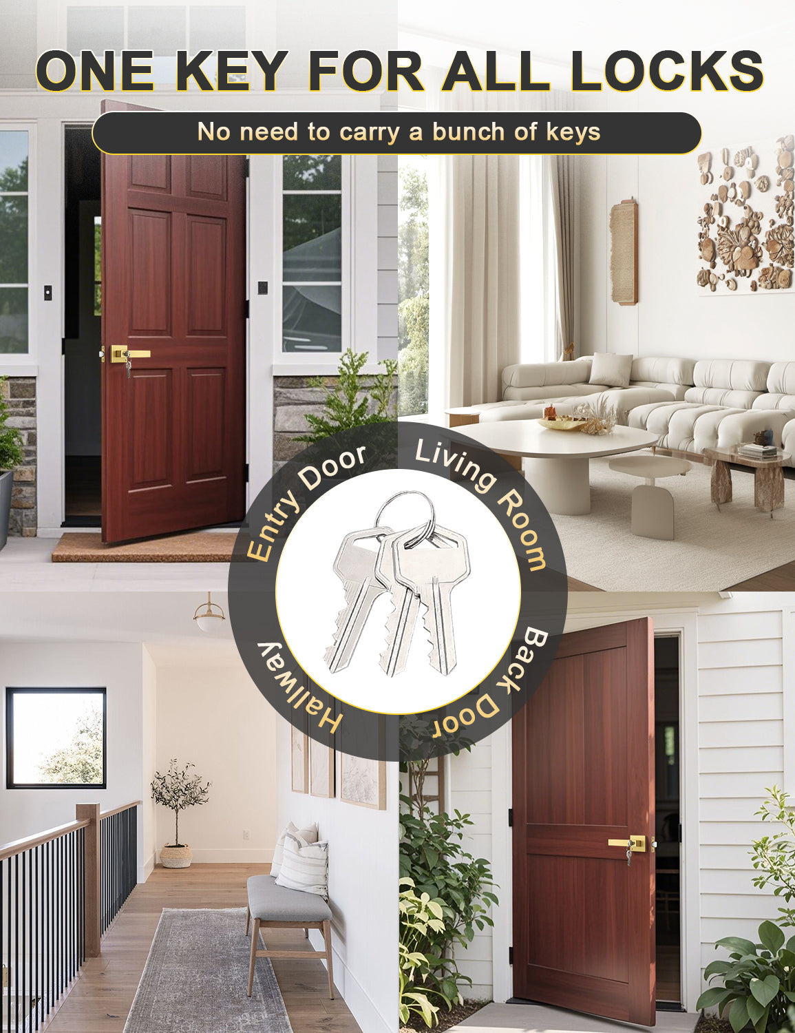 Tinewa Keyed Alike Entry Door Levers with Lock, Brushed Gold Door Lockset, Entrance Door Handles for Bedroom, Bathroom and Front Door (Each with 3 Keys)