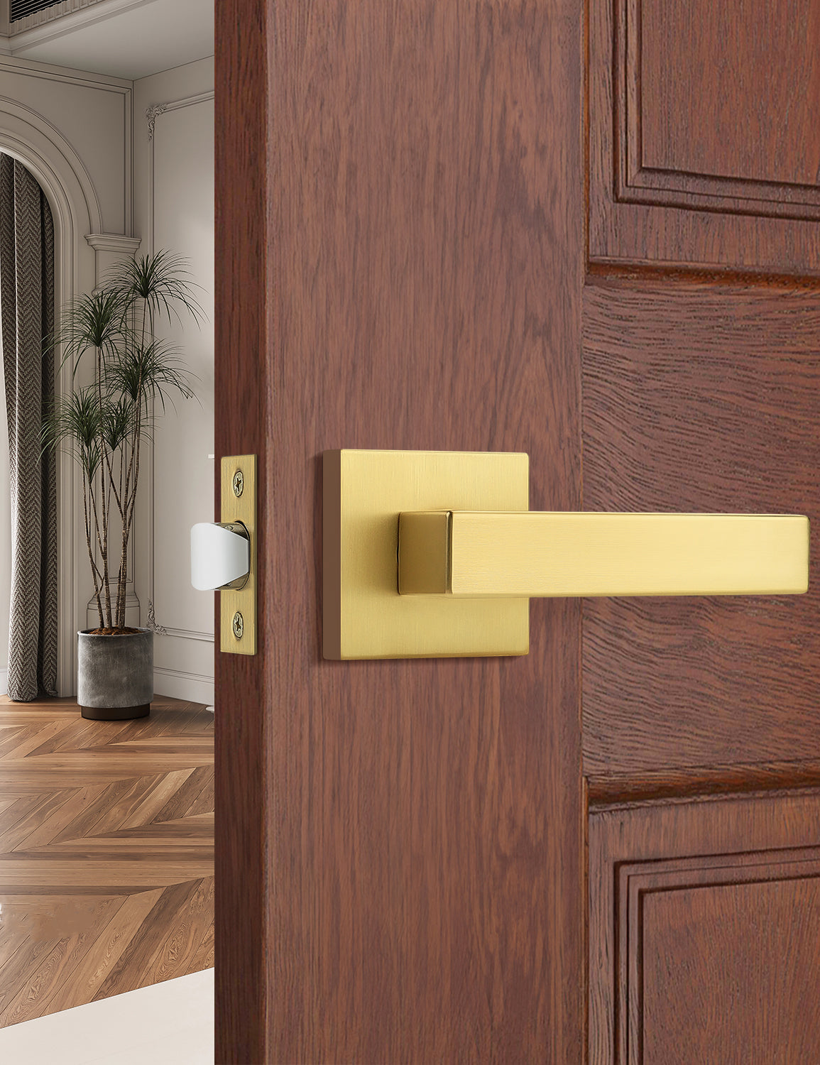Tinewa gold square lever handle with modern keyless design for interior passage doors
