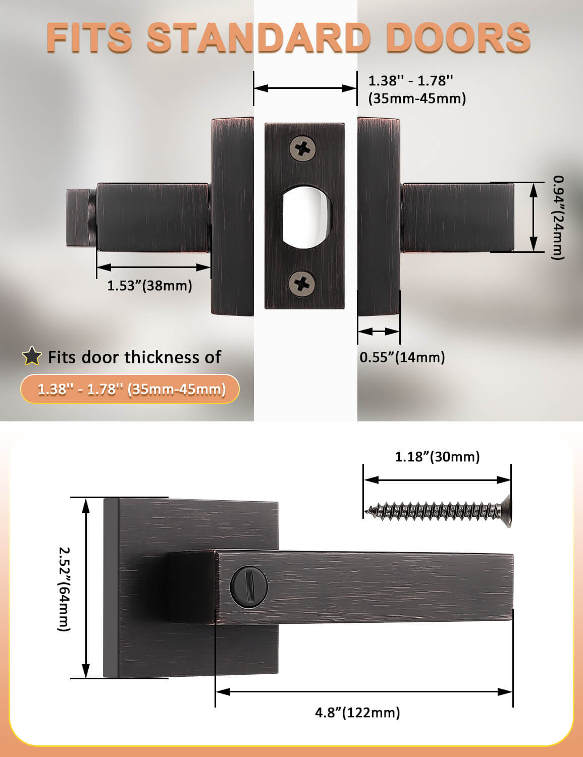 Reversible left or right handed bronze door lever for privacy use