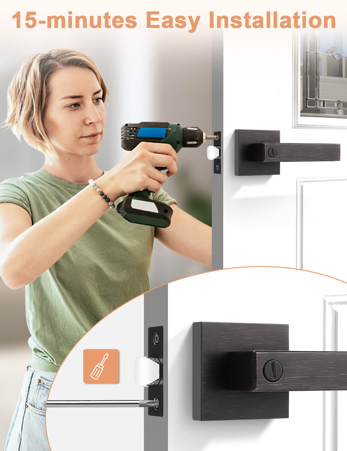 Vintage-style privacy door lever installed on bedroom door with elegant bronze finish