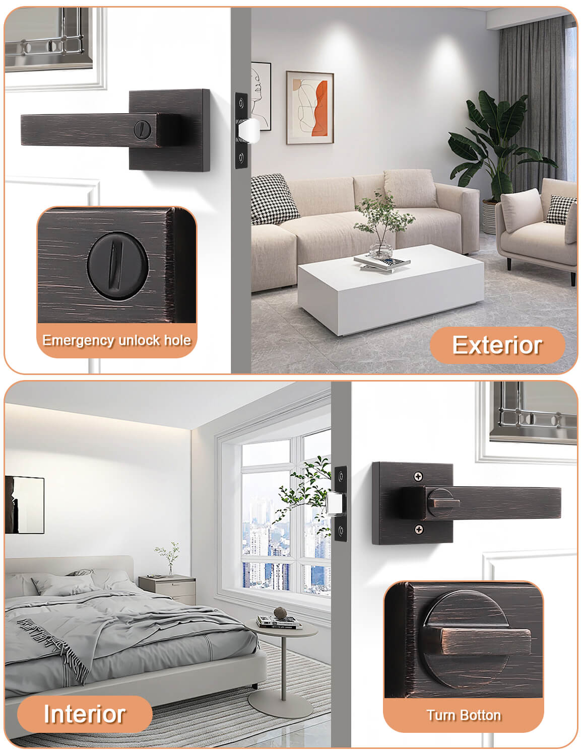 Oil-rubbed bronze interior door handle with textured vintage finish