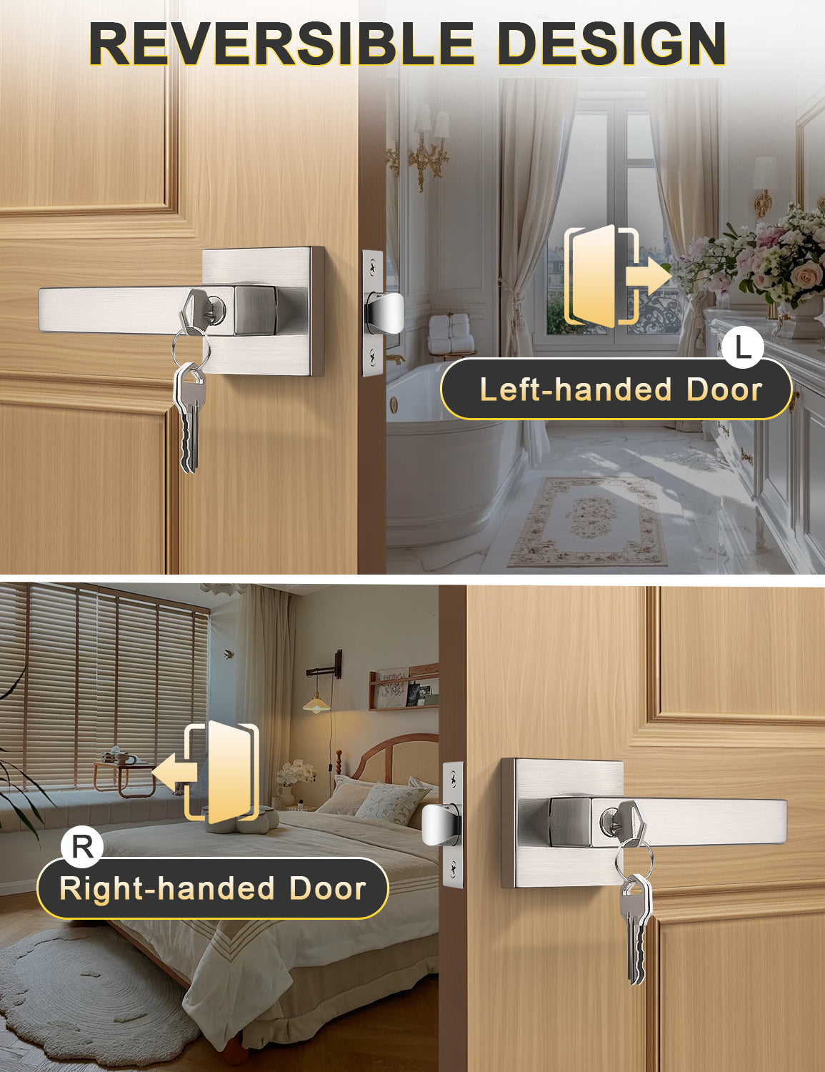 Reversible brushed nickel door handle for left or right-handed doors