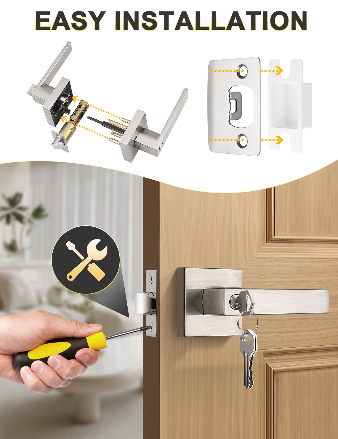 Easy-to-install brushed nickel square entrance door handle with lock