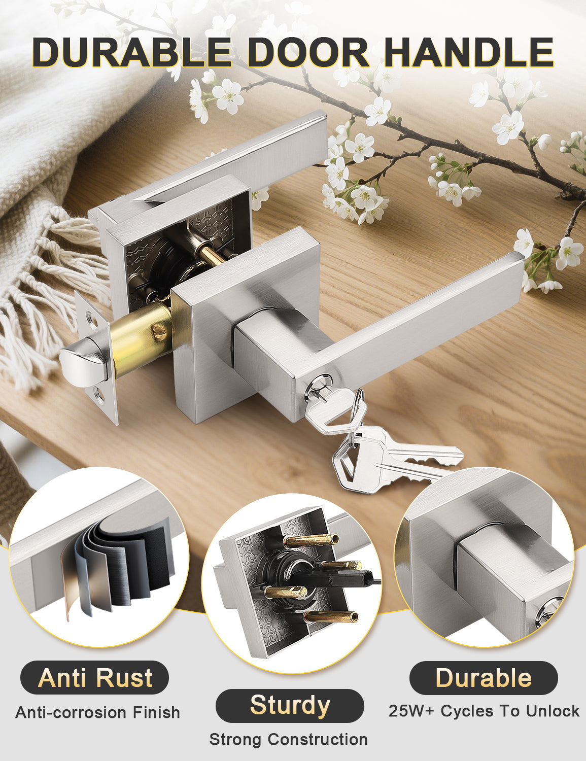 Heavy-duty brushed nickel square entrance door handle for long-lasting use