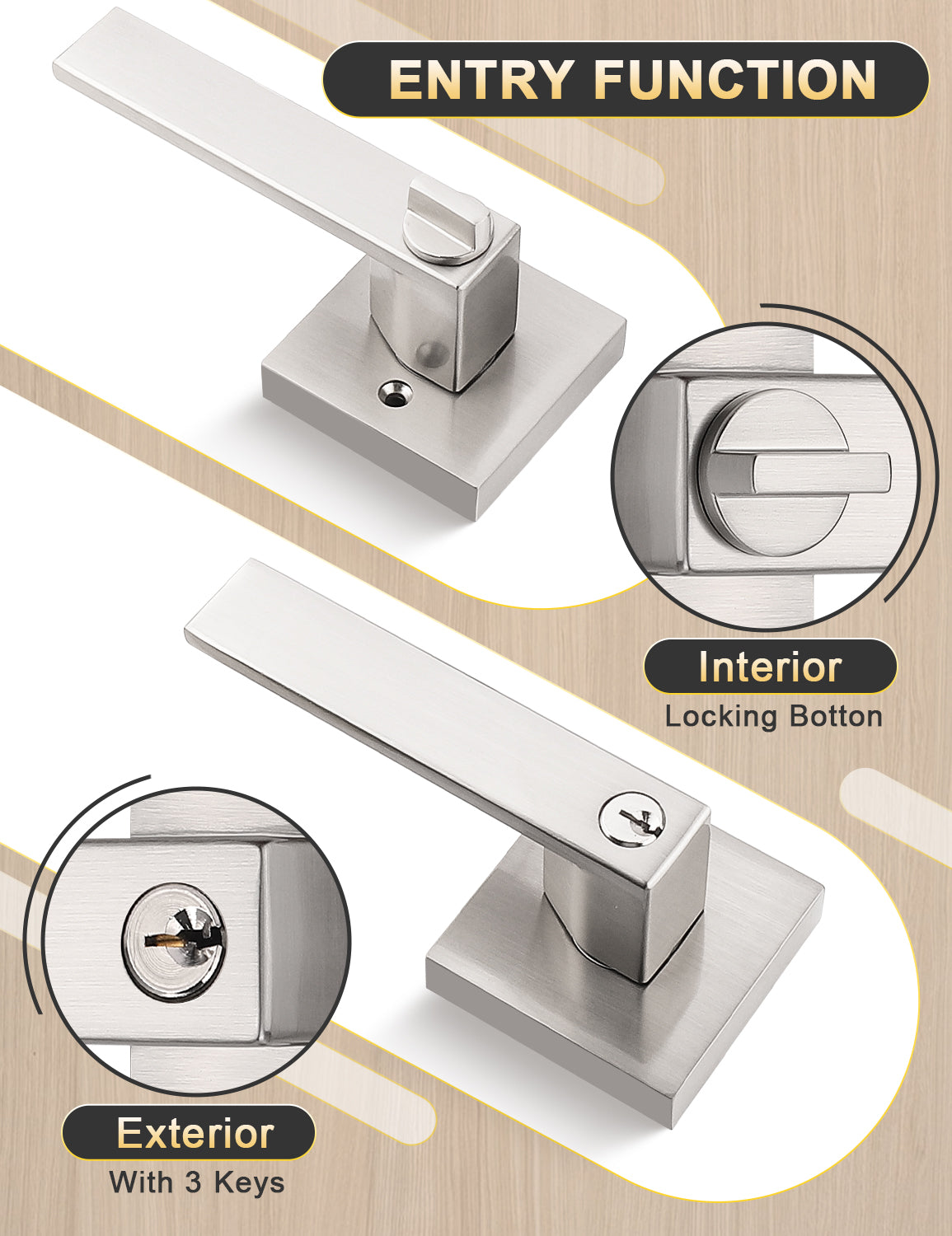 Brushed nickel entry door handle with keyed lock for front or exterior doors