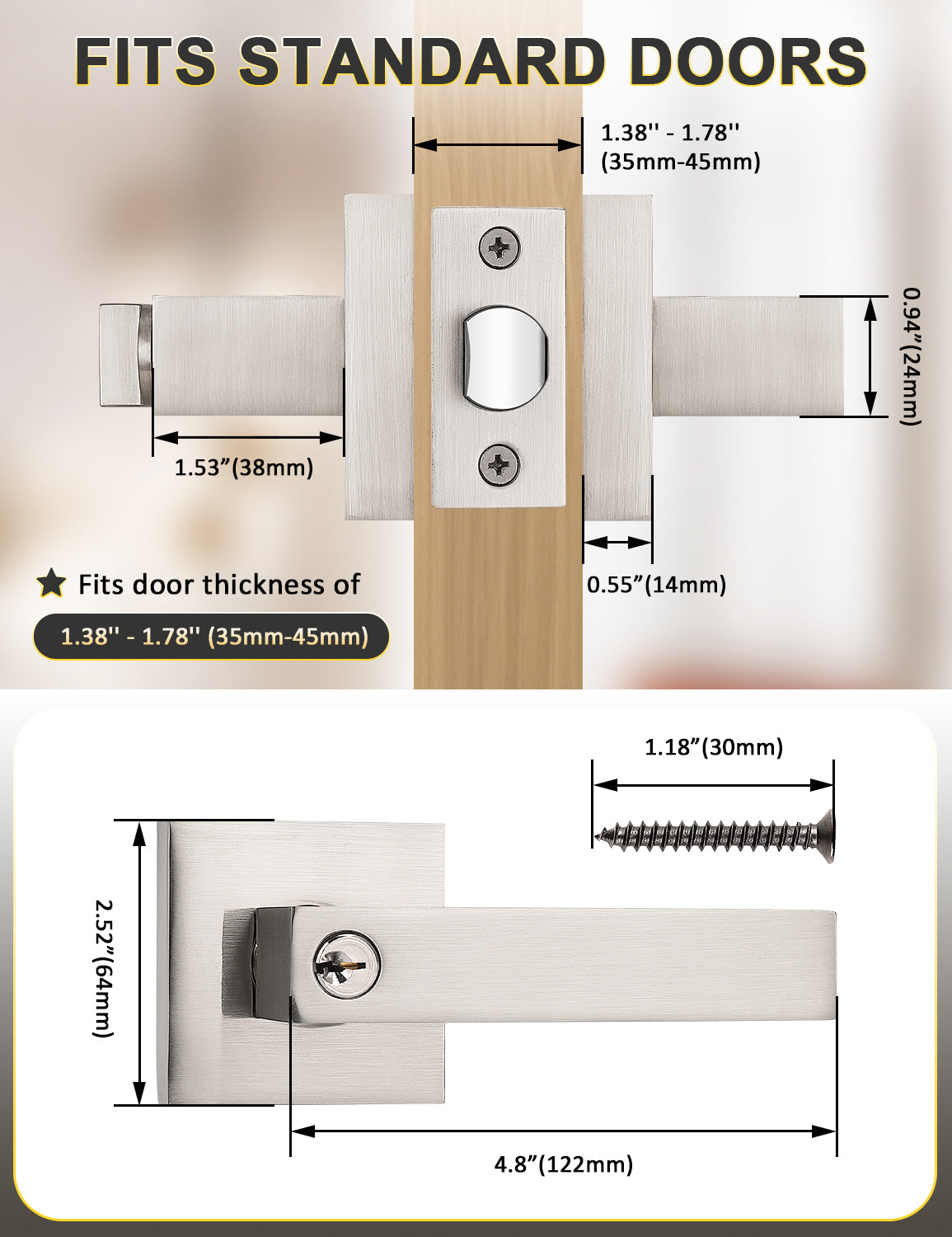 Brushed nickel square door handle set compatible with most standard doors