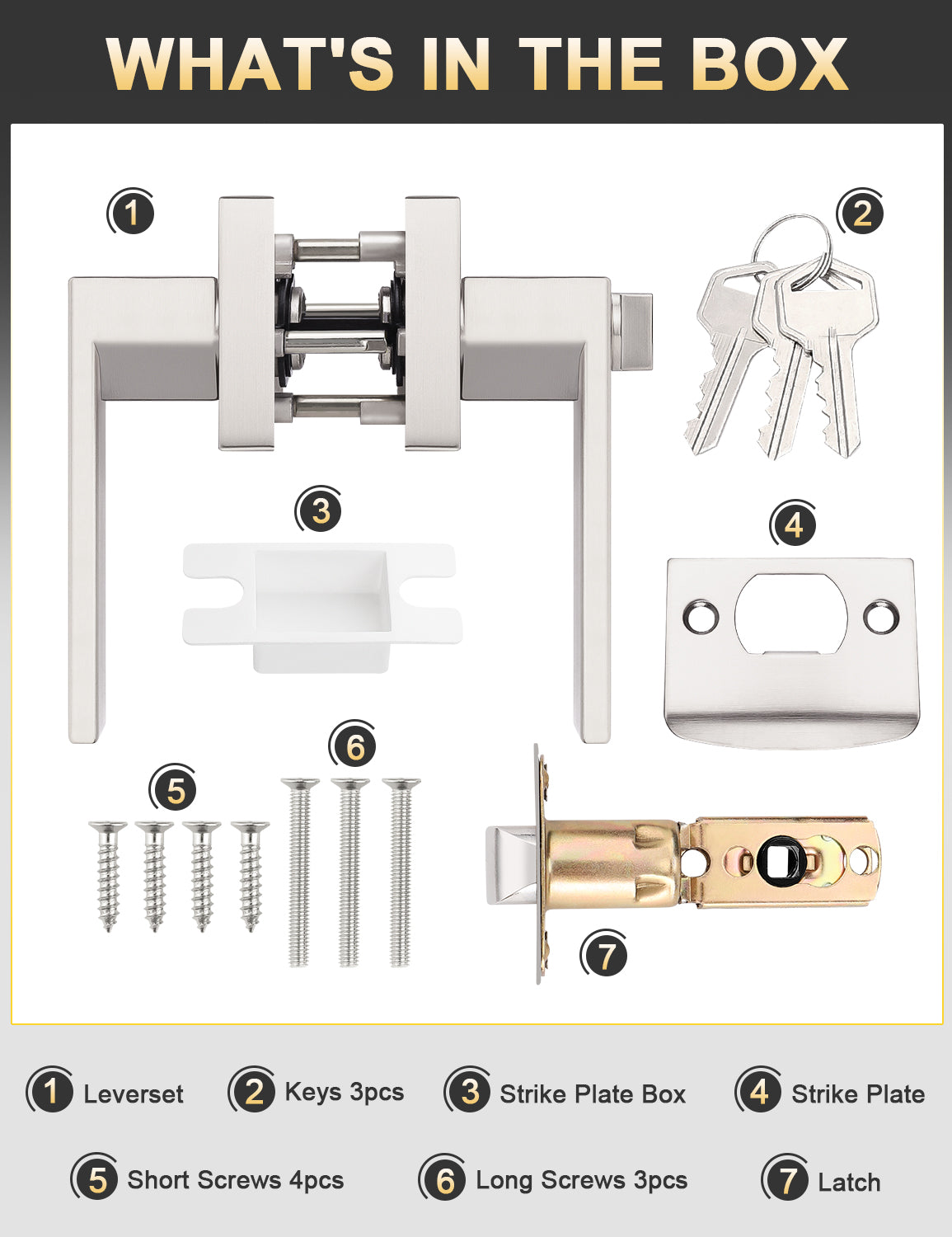 Brushed nickel square door handle set with lock, keys, and installation hardware