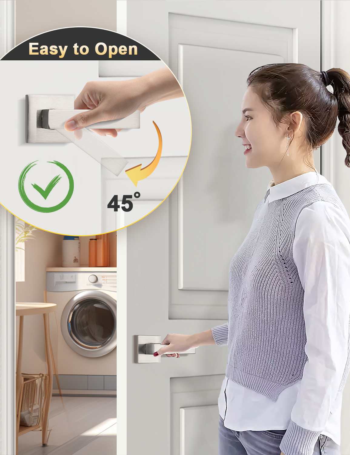 Durable interior door handle with satin finish, perfect for laundry rooms and closets