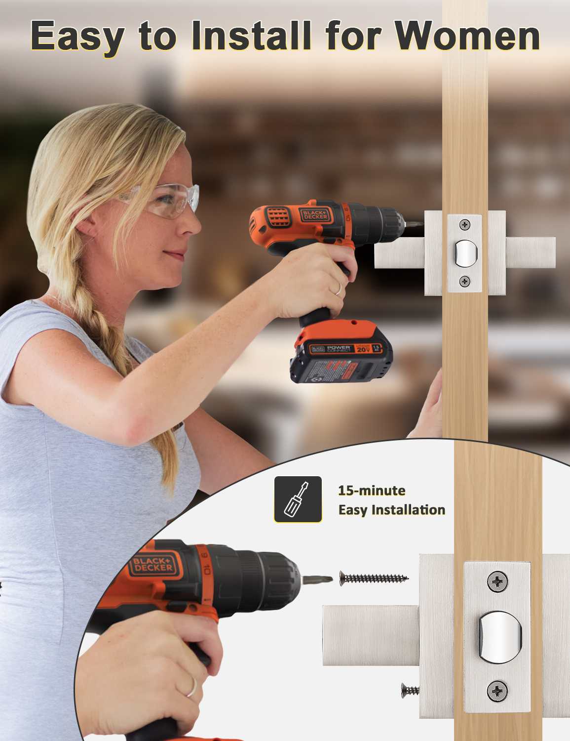 Easy-to-install satin nickel passage door handle with square base and curved lever