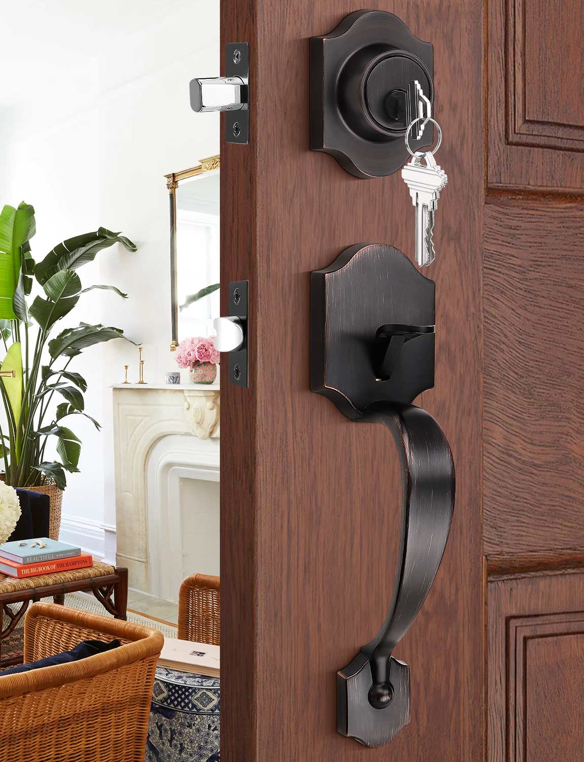 Oil-rubbed bronze front door handleset with wave lever and deadbolt