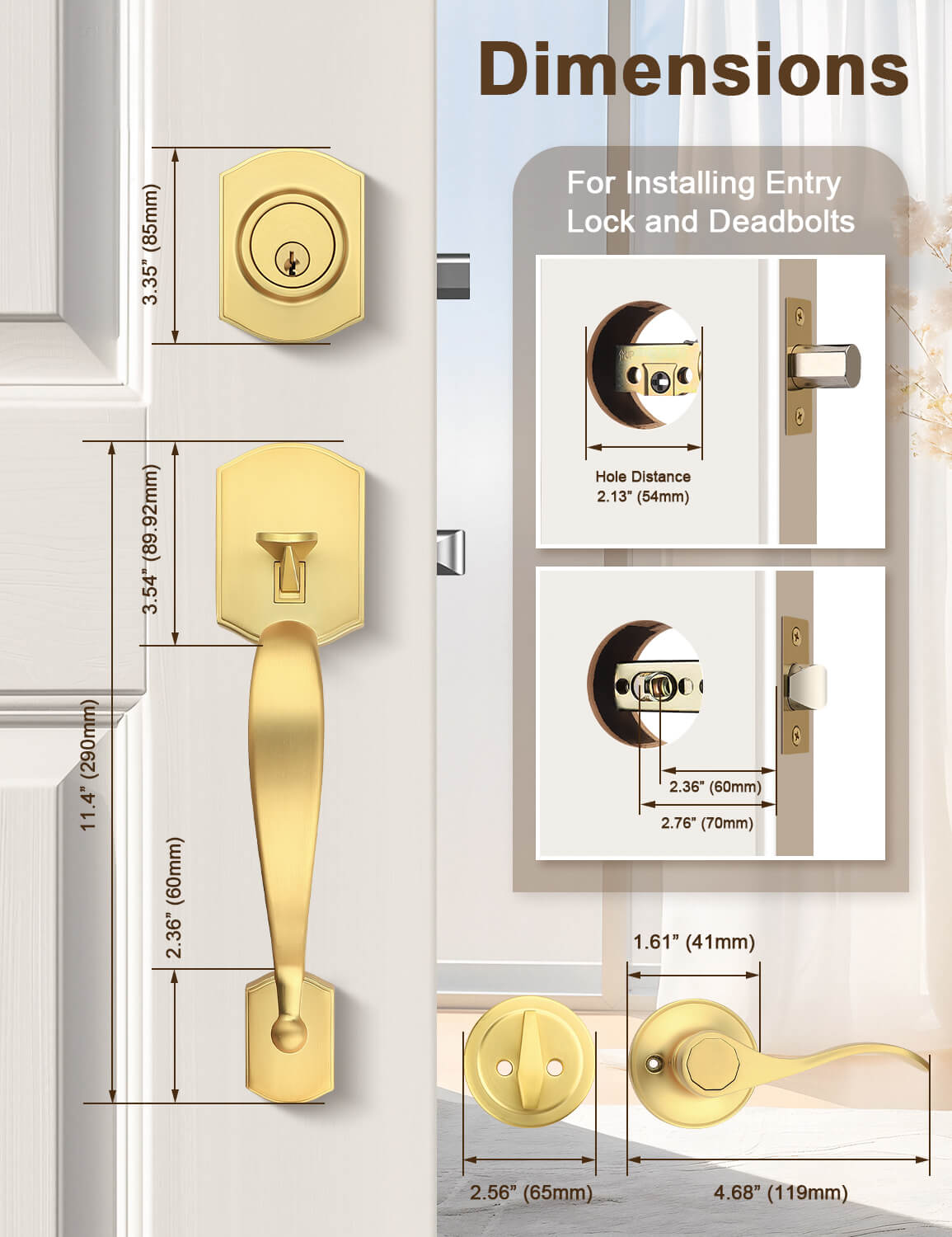 Product dimensions of Tinewa front door handleset