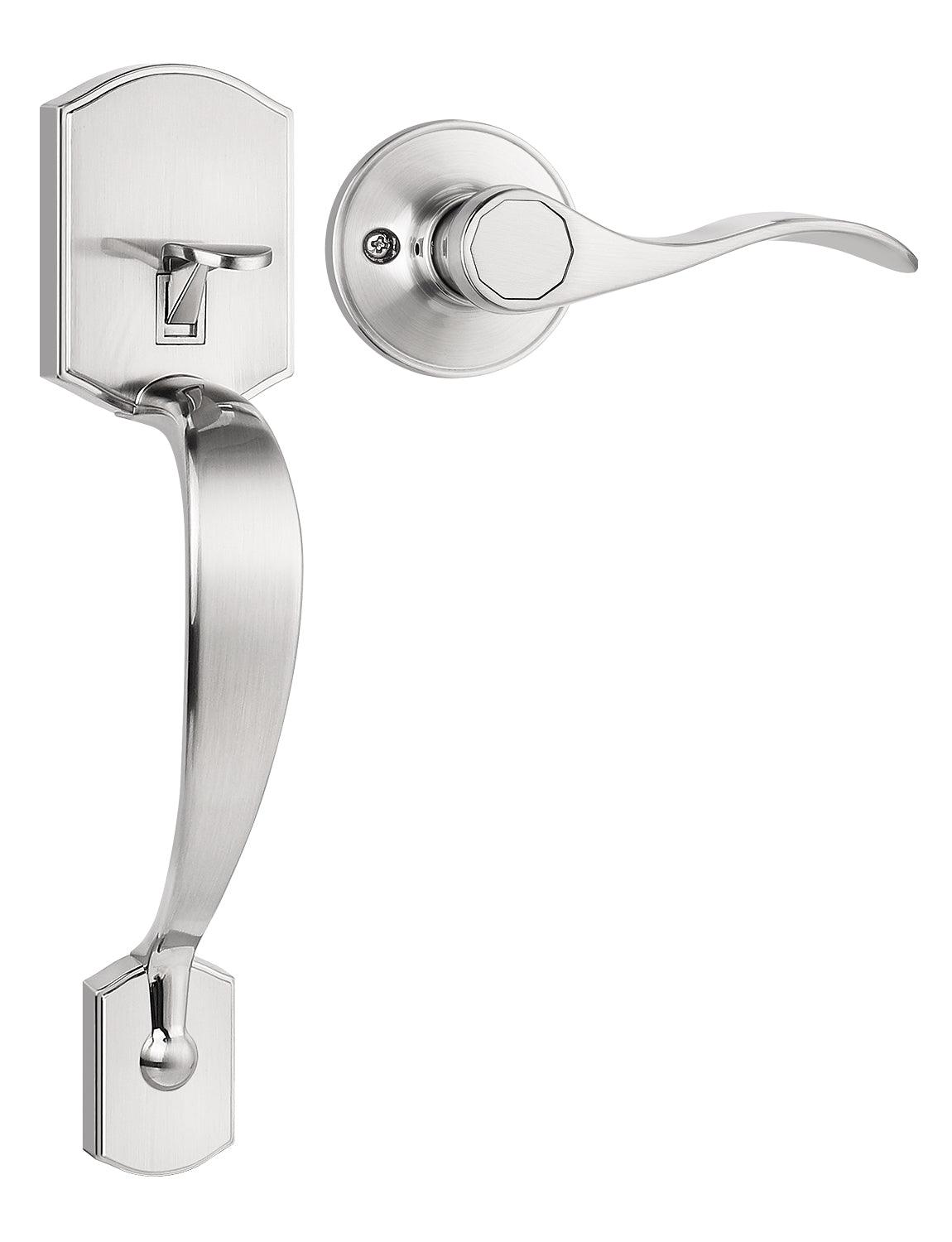 Tinewa Camelot Trim Lower Half Handleset, Satin Nickel Finish, Upgated Entry Door Handle with Accent Wave Door Lever for Electronic Keypad with Drop Interior Left Handed Lever - Tinewa