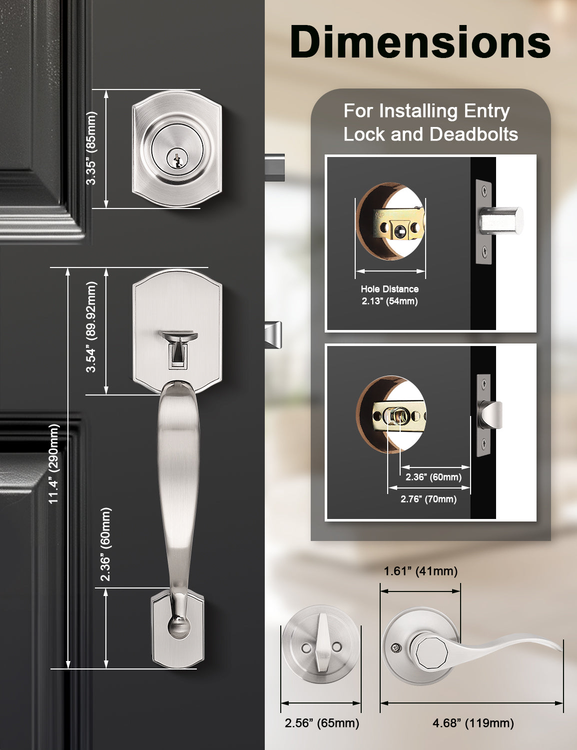 Product dimensions of Tinewa front door handleset: external handle 10-1/5" x 2-5/9", center-to-center distance 7-3/4"