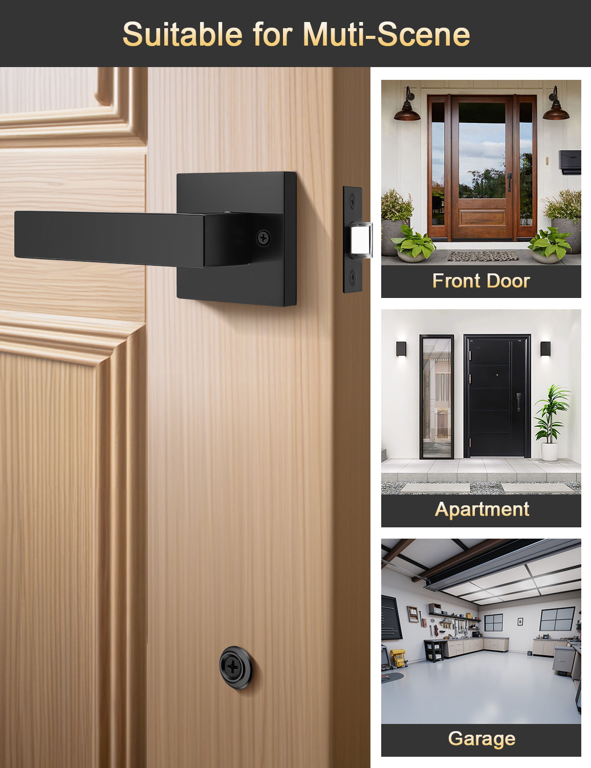 Tinewa Square Front Door Handle with Classic Door Lever, Upgrated Exterior Door Entry Handle No Lock, Reversible for Left & Right Handed 1 Pack