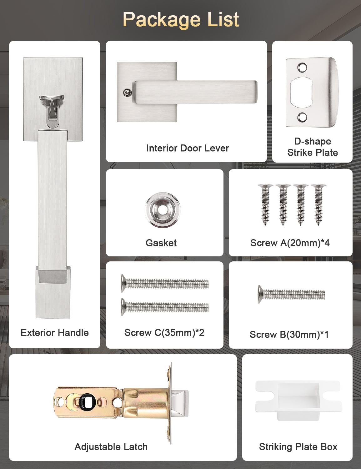 Tinewa Square Front Door Handle with Classic Door Lever, Upgrated Exterior Door Entry Handle No Lock, Reversible for Left & Right Handed 1 Pack