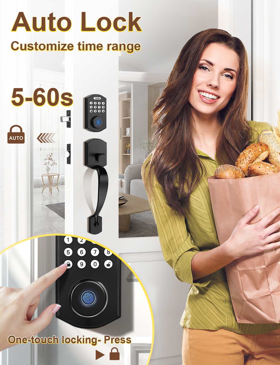 Front door smart lock with auto-locking function for added security and convenience